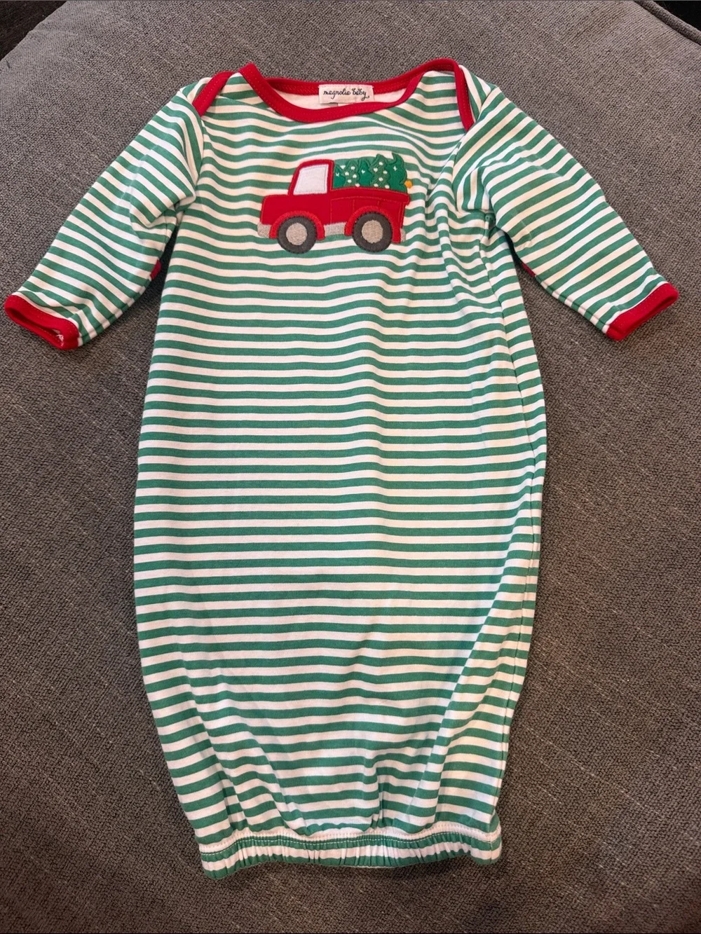 Magnolia Green and White Striped Sleep Gown with Red Truck Applique